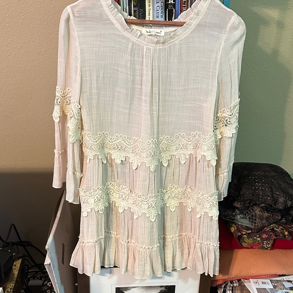 Indigo Soul Cream Lace Trim Tiered Tunic